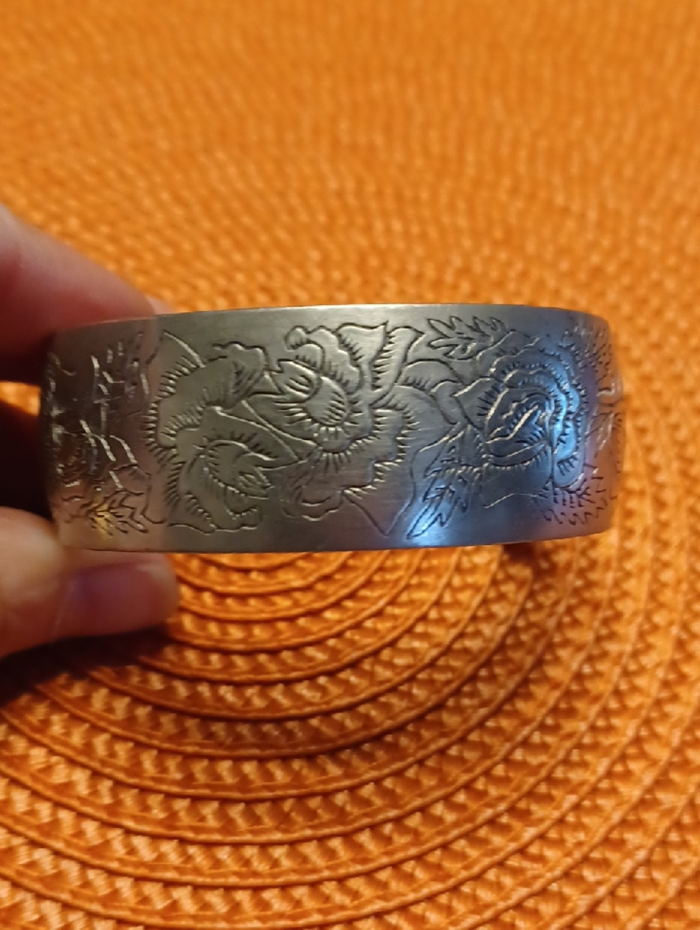 Leonard Genuine Pewter Engraved Floral Silver Cuff Bracelet